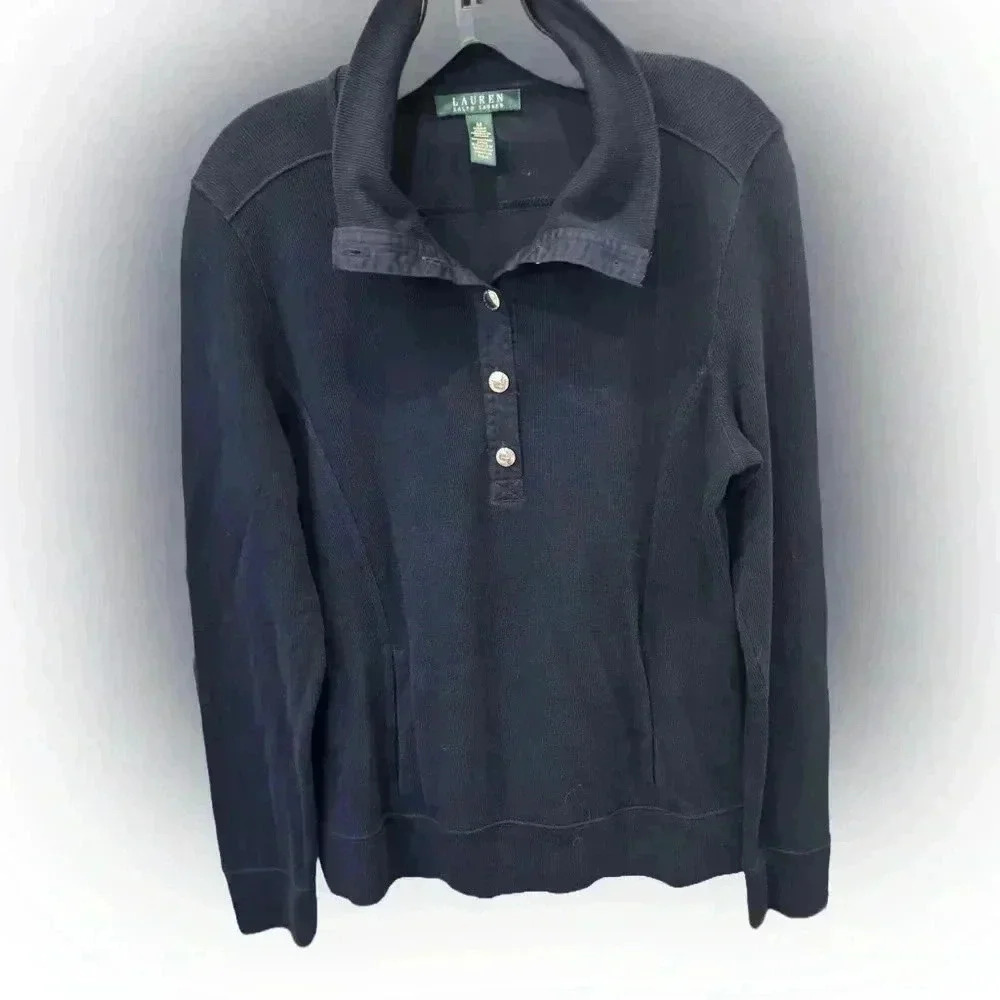 RALPH LAUREN Navy Cotton Snap-Neck Knit Sweater Front Pockets SZ M
